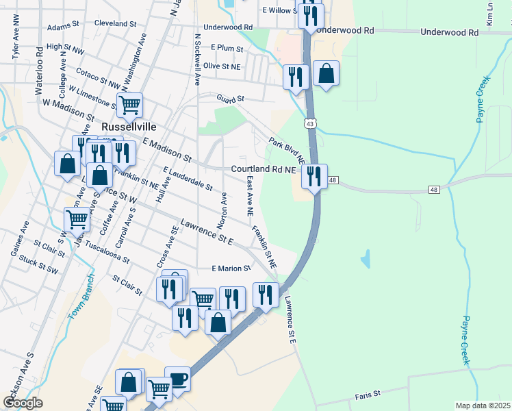 map of restaurants, bars, coffee shops, grocery stores, and more near 256 East Avenue Northeast in Russellville