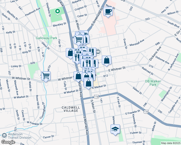 map of restaurants, bars, coffee shops, grocery stores, and more near 130 North Main Street in Anderson