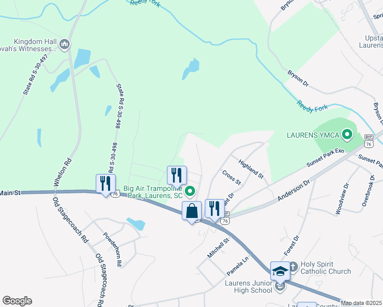 map of restaurants, bars, coffee shops, grocery stores, and more near 301 Reedy Fork Road in Laurens