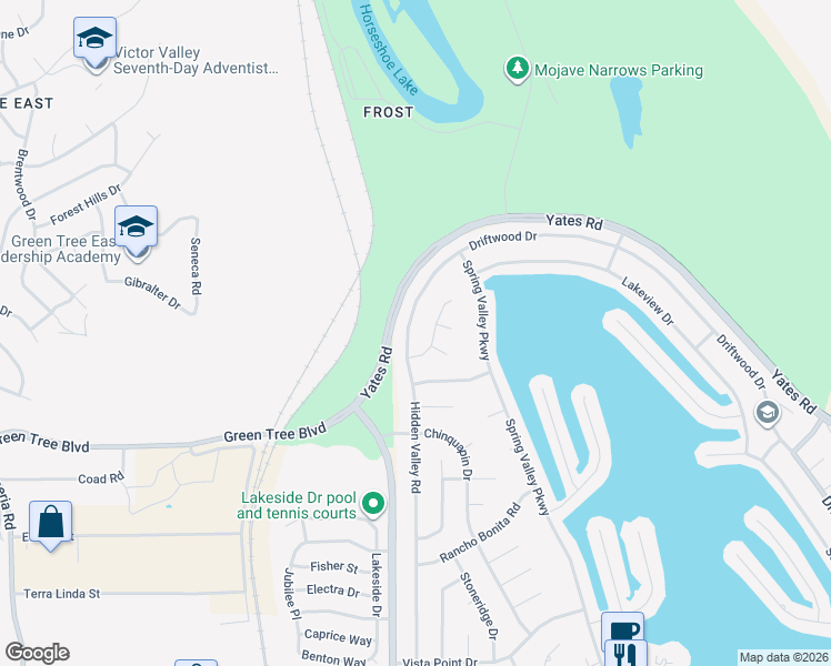 map of restaurants, bars, coffee shops, grocery stores, and more near 13930 Evergreen Lane in Victorville