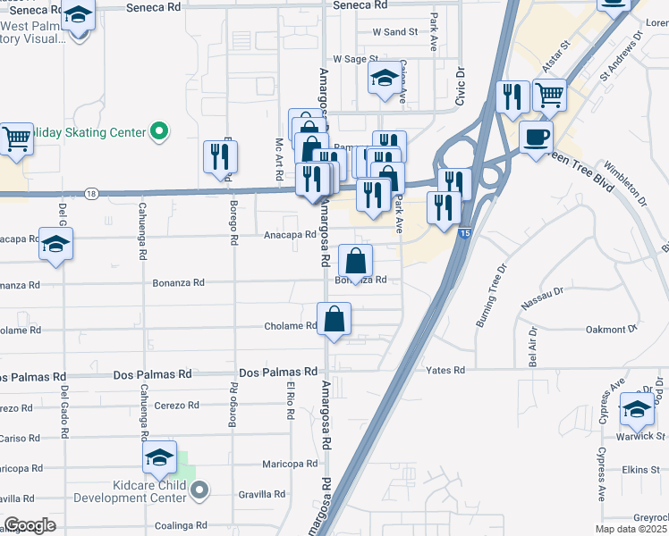 map of restaurants, bars, coffee shops, grocery stores, and more near 13905 Amargosa Road in Victorville