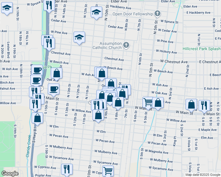map of restaurants, bars, coffee shops, grocery stores, and more near 814 West Oak Avenue in Duncan