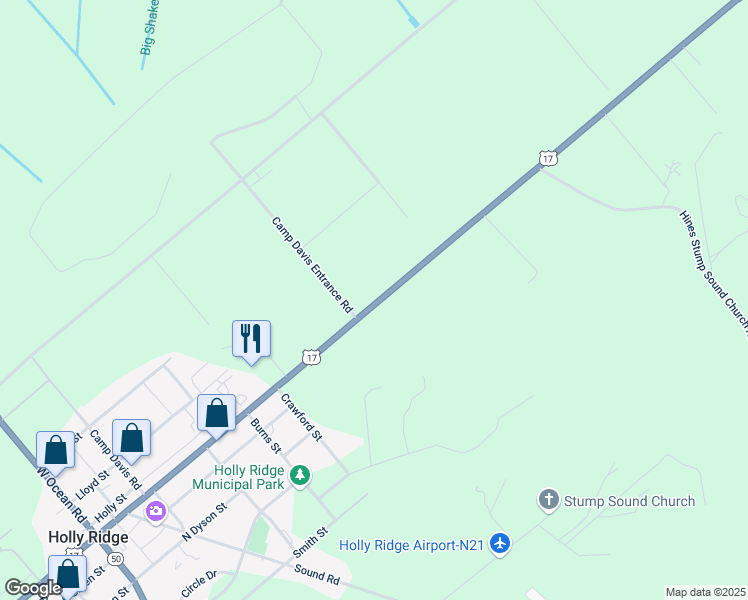 map of restaurants, bars, coffee shops, grocery stores, and more near 701-811 Wilmington Highway in Holly Ridge