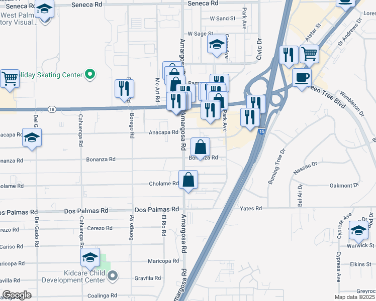 map of restaurants, bars, coffee shops, grocery stores, and more near 13905 Amargosa Road in Victorville