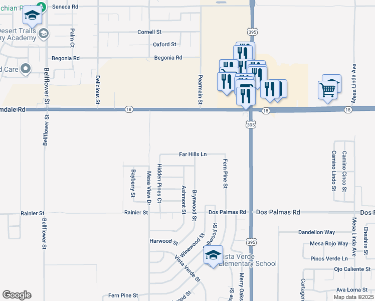 map of restaurants, bars, coffee shops, grocery stores, and more near 11842 Far Hills Lane in Victorville