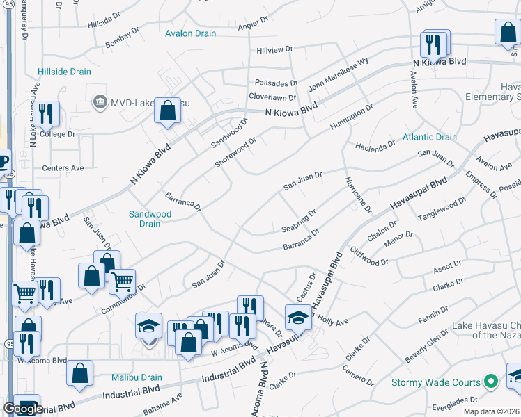 map of restaurants, bars, coffee shops, grocery stores, and more near 2300 San Juan Drive in Lake Havasu City