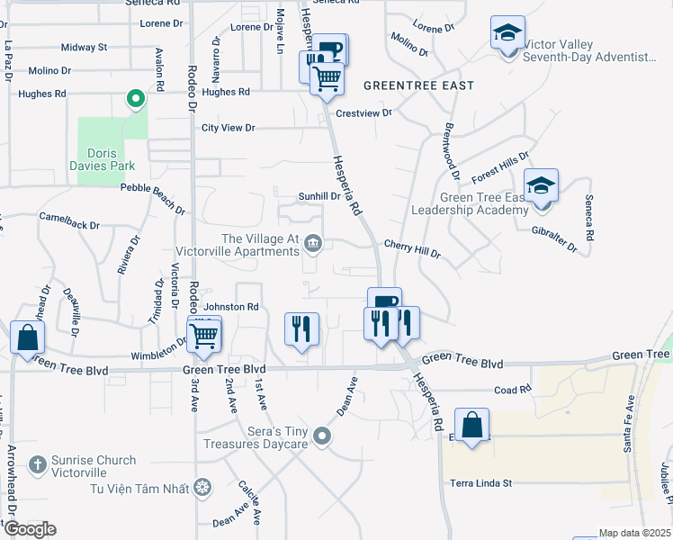 map of restaurants, bars, coffee shops, grocery stores, and more near 13950 Hesperia Road in Victorville