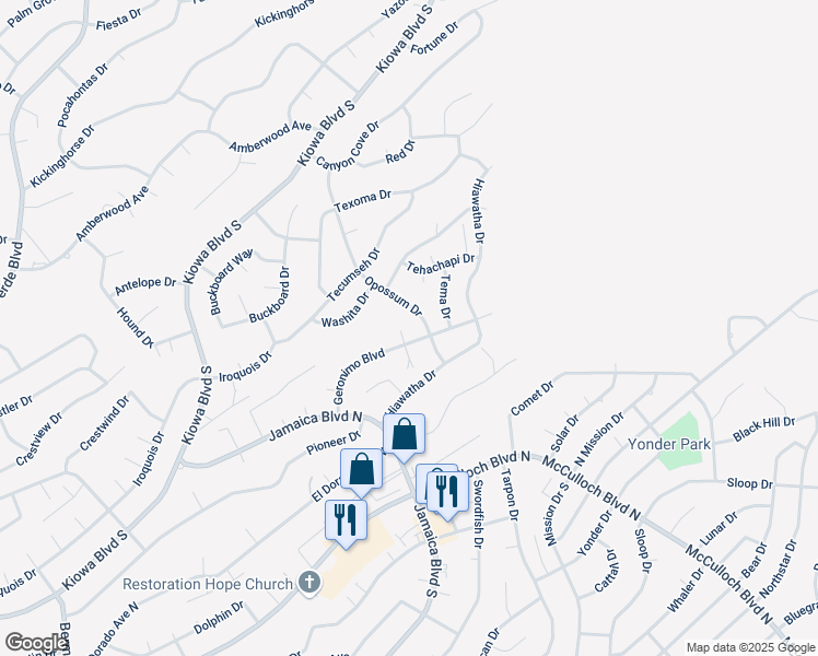 map of restaurants, bars, coffee shops, grocery stores, and more near 171 Opossum Drive in Lake Havasu City