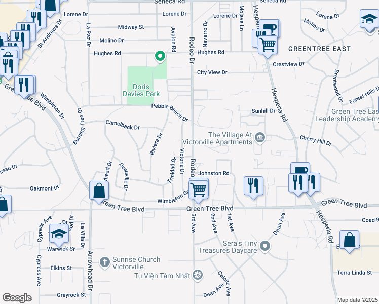 map of restaurants, bars, coffee shops, grocery stores, and more near 13947 Victoria Drive in Victorville