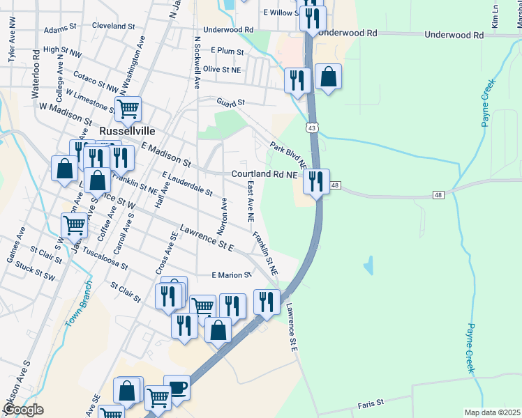 map of restaurants, bars, coffee shops, grocery stores, and more near 256-406 East Ave Northeast in Russellville