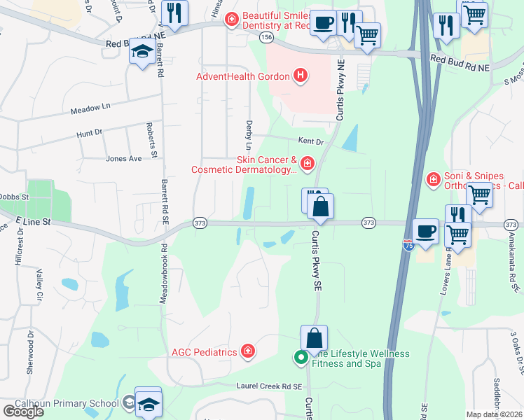 map of restaurants, bars, coffee shops, grocery stores, and more near 1110 Dews Pond Road Northeast in Calhoun