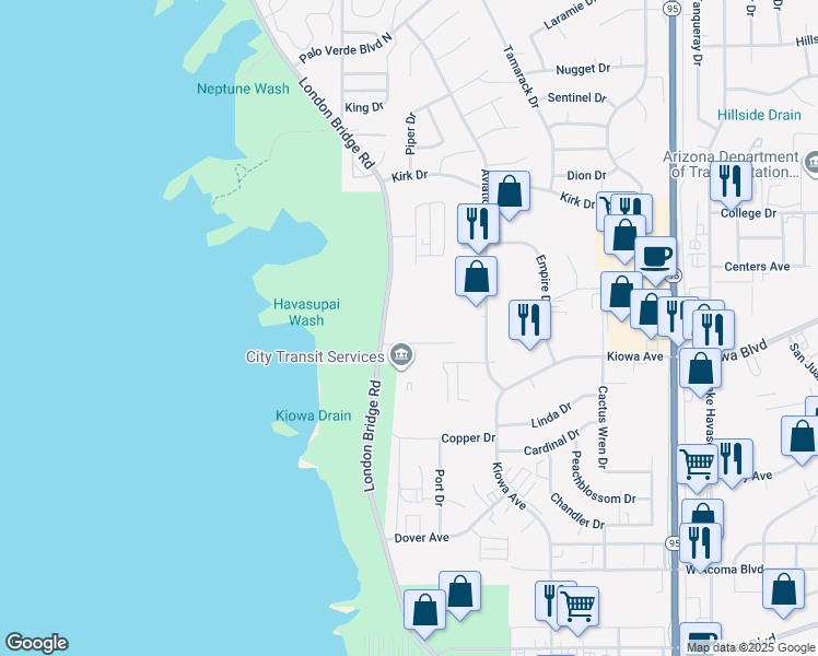 map of restaurants, bars, coffee shops, grocery stores, and more near 2080 London Bridge Road in Lake Havasu City