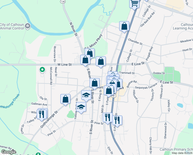 map of restaurants, bars, coffee shops, grocery stores, and more near 409 2nd Avenue in Calhoun