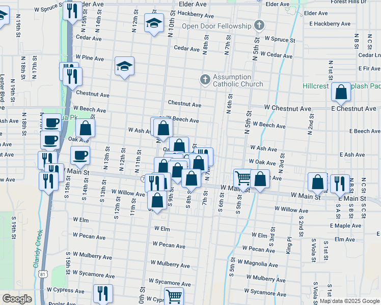 map of restaurants, bars, coffee shops, grocery stores, and more near 814 West Oak Avenue in Duncan