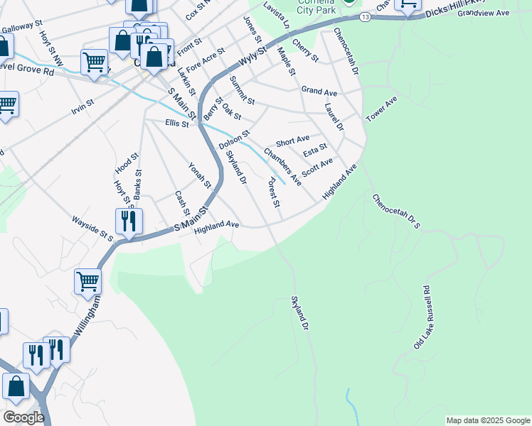 map of restaurants, bars, coffee shops, grocery stores, and more near 382 Skyland Drive in Cornelia