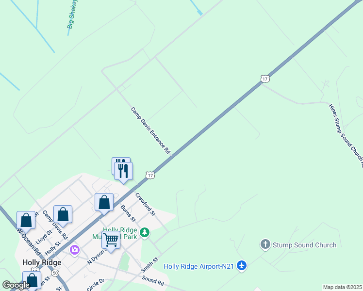map of restaurants, bars, coffee shops, grocery stores, and more near 701 Wilmington Highway in Holly Ridge