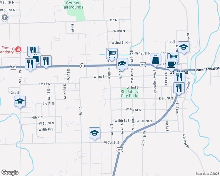 map of restaurants, bars, coffee shops, grocery stores, and more near 199 S 4th W in St Johns