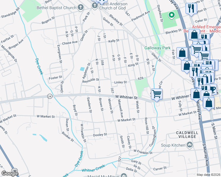 map of restaurants, bars, coffee shops, grocery stores, and more near 119 Reynolds Street in Anderson