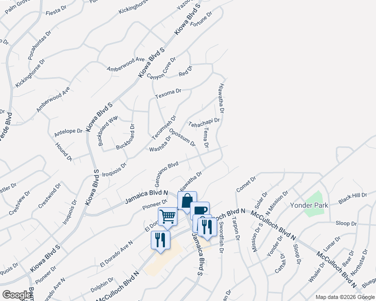 map of restaurants, bars, coffee shops, grocery stores, and more near 171 Opossum Drive in Lake Havasu City