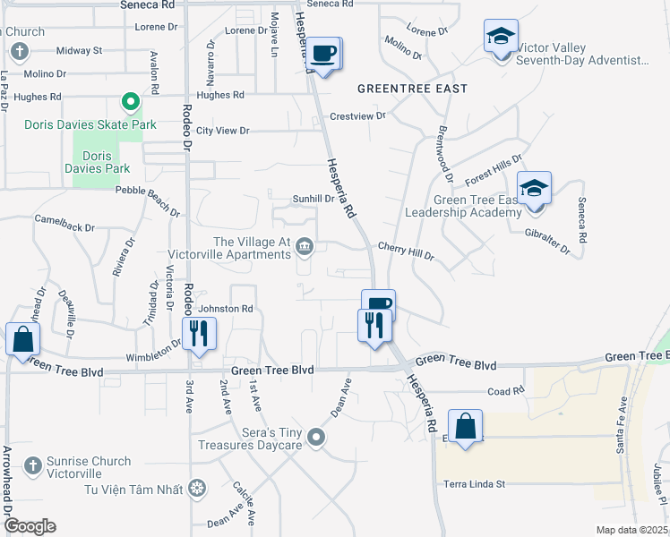 map of restaurants, bars, coffee shops, grocery stores, and more near 13950 Hesperia Road in Victorville
