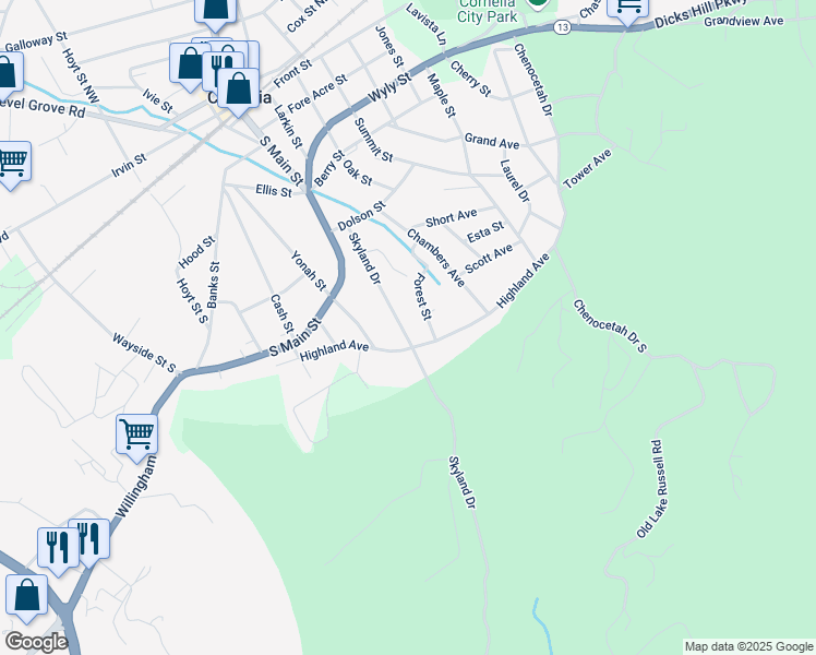 map of restaurants, bars, coffee shops, grocery stores, and more near 382 Skyland Drive in Cornelia