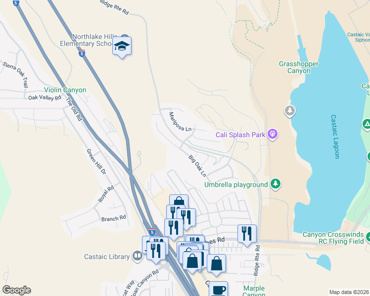 map of restaurants, bars, coffee shops, grocery stores, and more near 32132 Big Oak Lane in Castaic