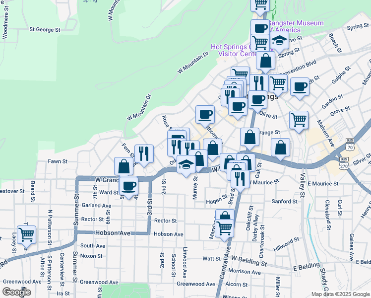 map of restaurants, bars, coffee shops, grocery stores, and more near 705 Quapaw Avenue in Hot Springs