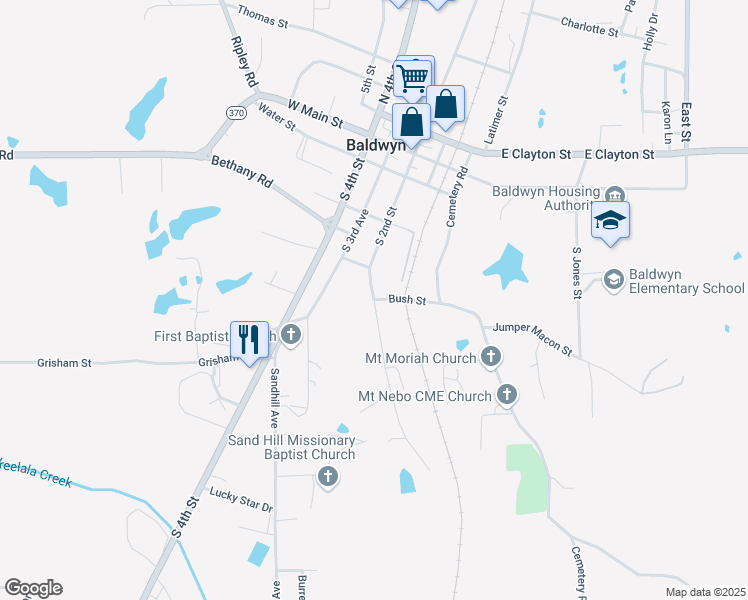 map of restaurants, bars, coffee shops, grocery stores, and more near South 2nd Street in Baldwyn