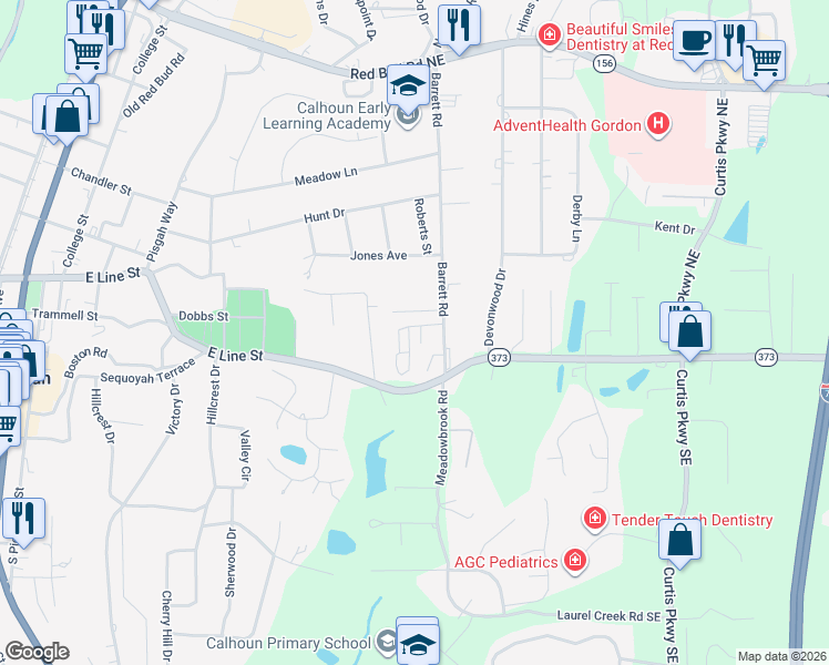 map of restaurants, bars, coffee shops, grocery stores, and more near 409 Waterford Drive in Calhoun
