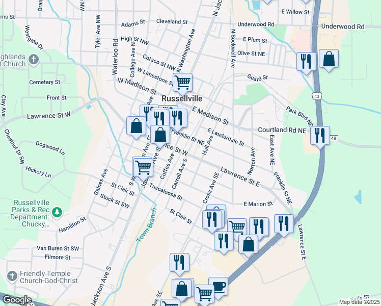 map of restaurants, bars, coffee shops, grocery stores, and more near 100 Carroll Avenue North in Russellville