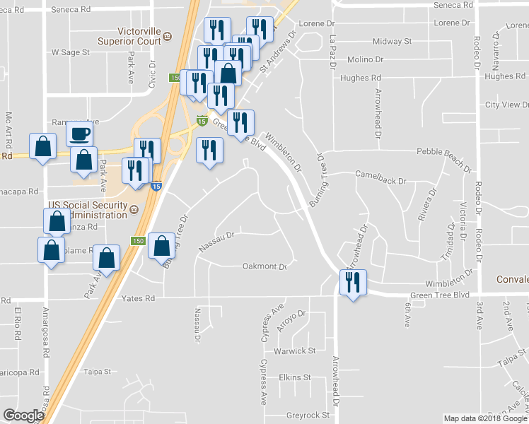 map of restaurants, bars, coffee shops, grocery stores, and more near 13925 Burning Tree Drive in Victorville
