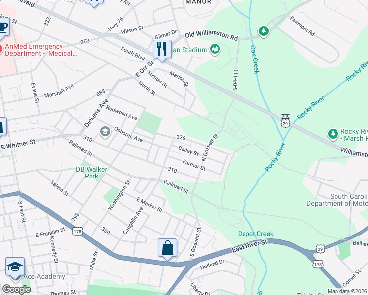 map of restaurants, bars, coffee shops, grocery stores, and more near 408 Hudgens Street in Anderson