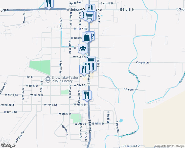map of restaurants, bars, coffee shops, grocery stores, and more near 323 Main Street in Snowflake
