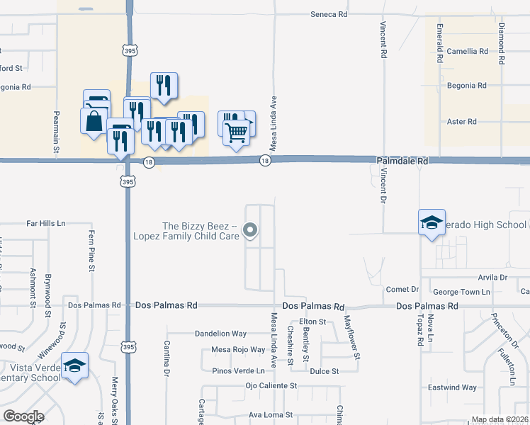 map of restaurants, bars, coffee shops, grocery stores, and more near 12466 Camino Alto Way in Victorville