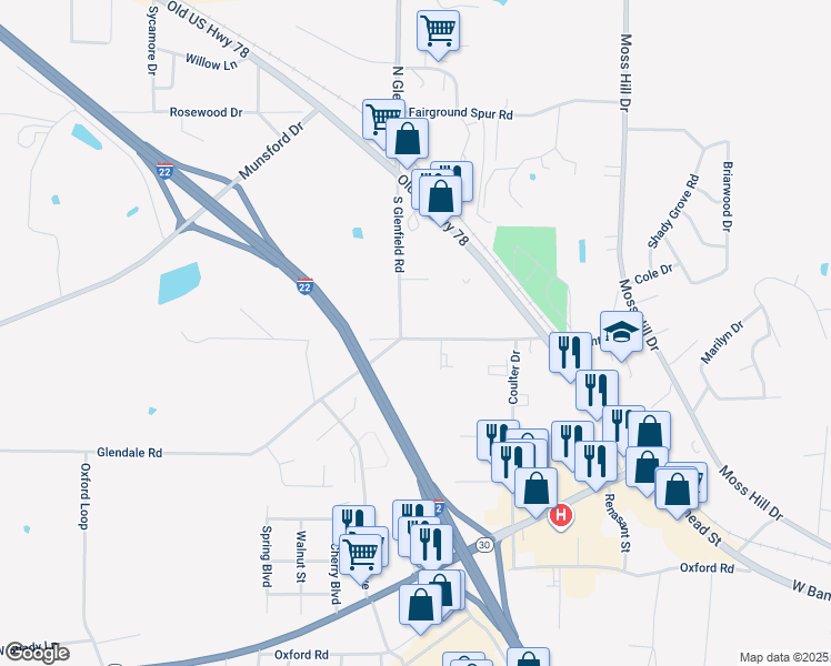 map of restaurants, bars, coffee shops, grocery stores, and more near 202-212 South Glenfield Road in New Albany