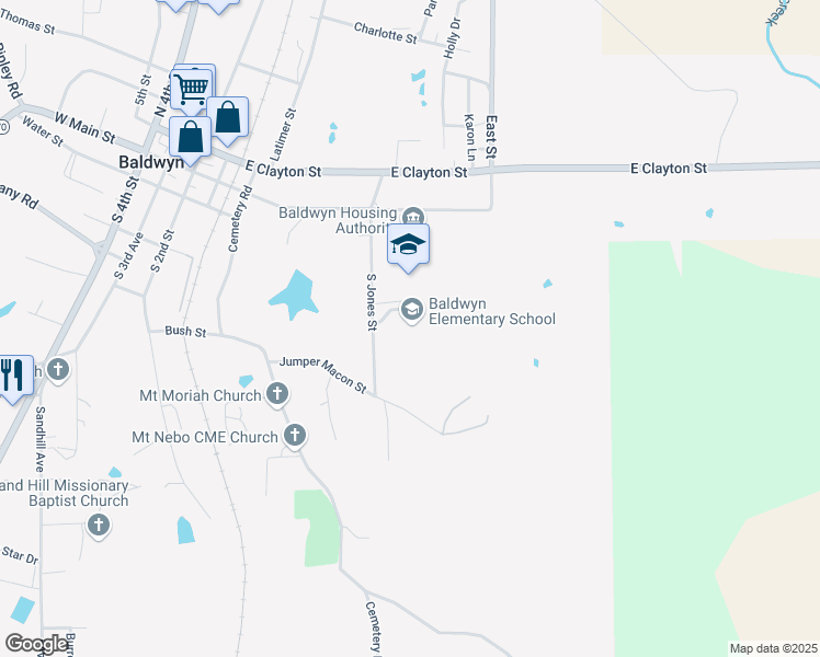 map of restaurants, bars, coffee shops, grocery stores, and more near 515 Bender Circle in Baldwyn