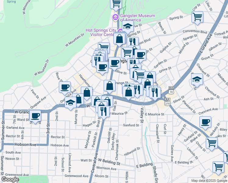 map of restaurants, bars, coffee shops, grocery stores, and more near 239 Oak Street in Hot Springs