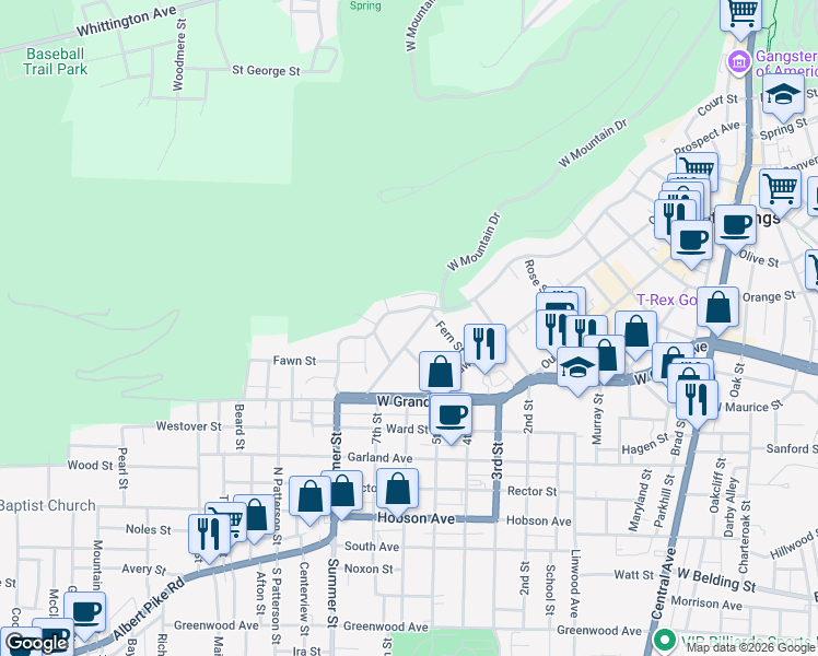 map of restaurants, bars, coffee shops, grocery stores, and more near 817 Prospect Avenue in Hot Springs