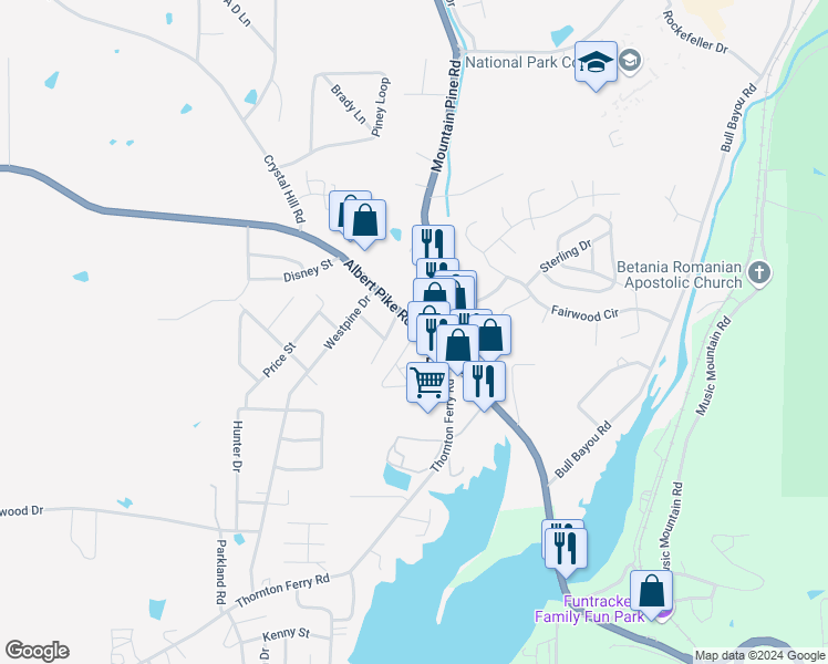 map of restaurants, bars, coffee shops, grocery stores, and more near 3147 Albert Pike Road in Hot Springs