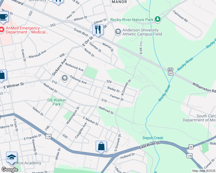 map of restaurants, bars, coffee shops, grocery stores, and more near 408 Hudgens Street in Anderson