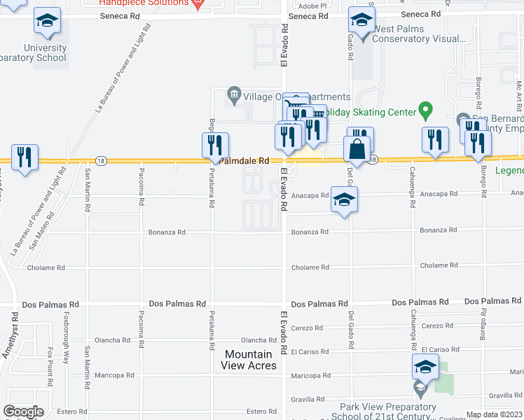 map of restaurants, bars, coffee shops, grocery stores, and more near 14000 El Evado Road in Victorville