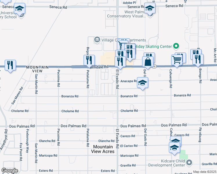 map of restaurants, bars, coffee shops, grocery stores, and more near 14000 El Evado Road in Victorville