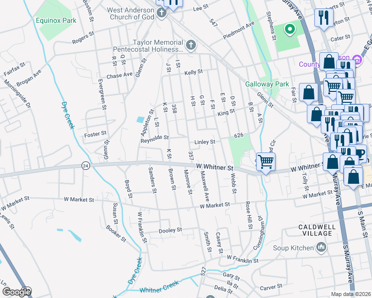 map of restaurants, bars, coffee shops, grocery stores, and more near 119 Reynolds Street in Anderson