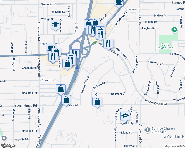 map of restaurants, bars, coffee shops, grocery stores, and more near 13785 Burning Tree Drive in Victorville