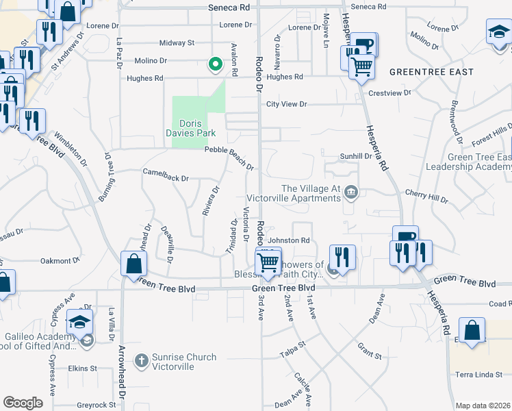 map of restaurants, bars, coffee shops, grocery stores, and more near 13947 Victoria Drive in Victorville