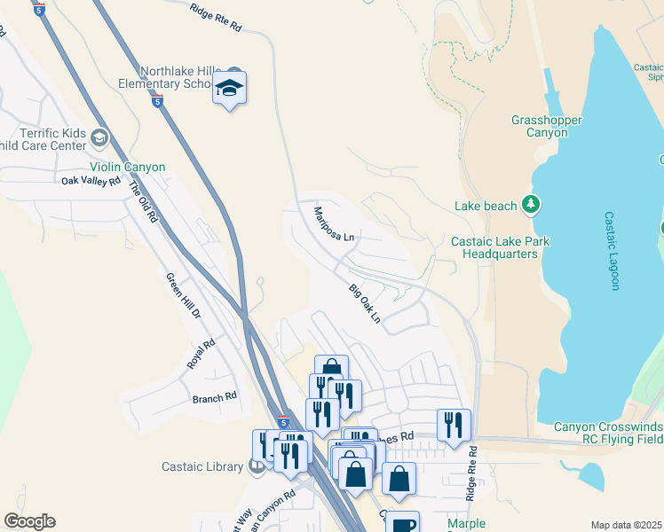 map of restaurants, bars, coffee shops, grocery stores, and more near 32204 Big Oak Lane in Castaic