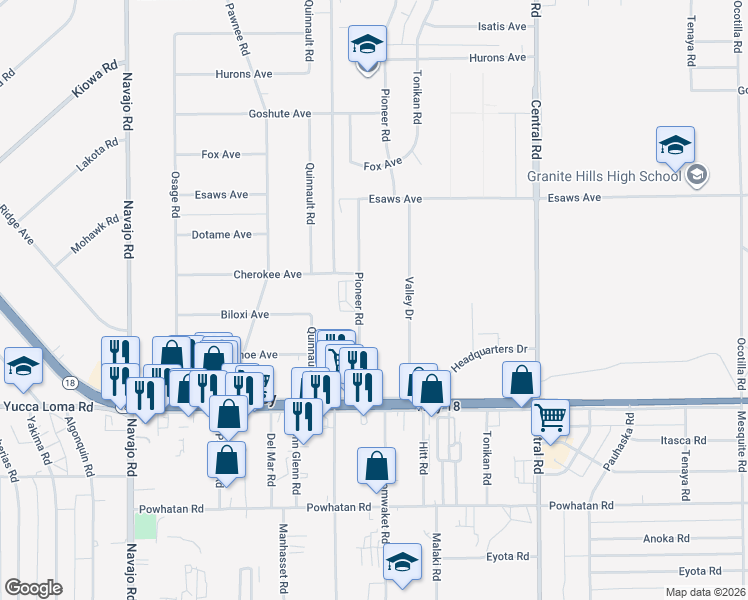 map of restaurants, bars, coffee shops, grocery stores, and more near 13911 Pioneer Road in Apple Valley
