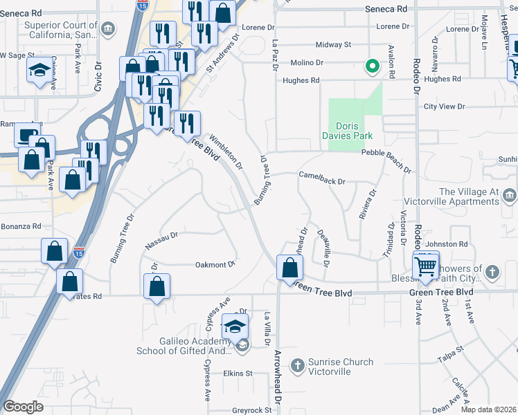 map of restaurants, bars, coffee shops, grocery stores, and more near 13951 Burning Tree Drive in Victorville