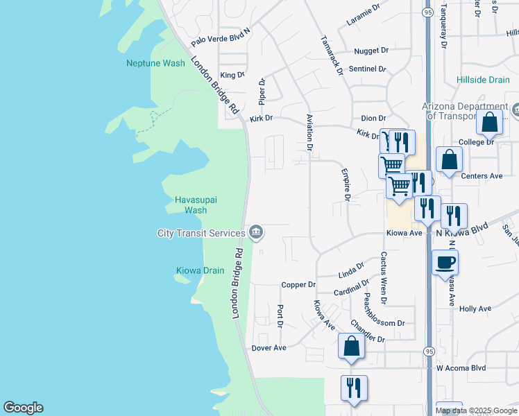 map of restaurants, bars, coffee shops, grocery stores, and more near 2080 London Bridge Road in Lake Havasu City