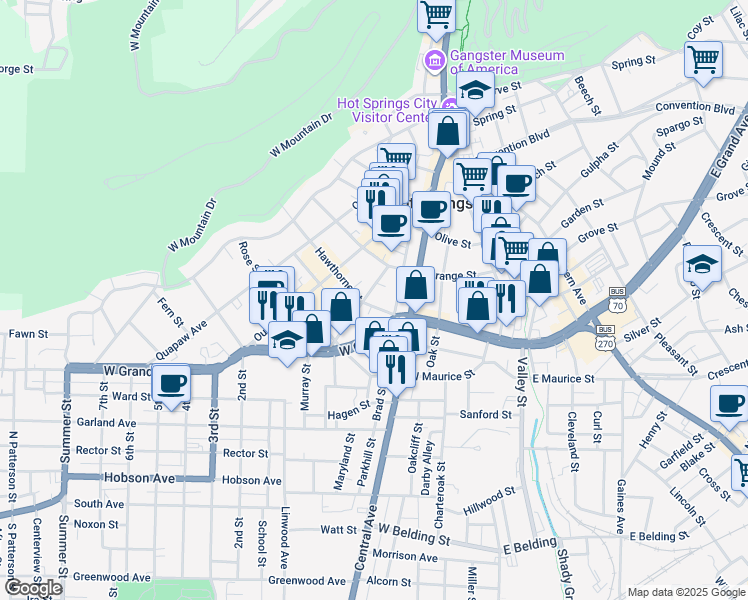map of restaurants, bars, coffee shops, grocery stores, and more near 126 Hawthorne Street in Hot Springs